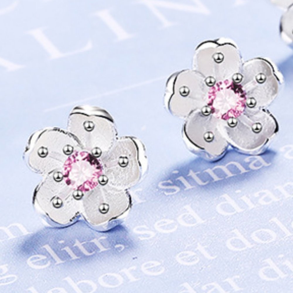 #NEW 925 Sterling Silver Diamond Cherry Blossom Stud Earrings